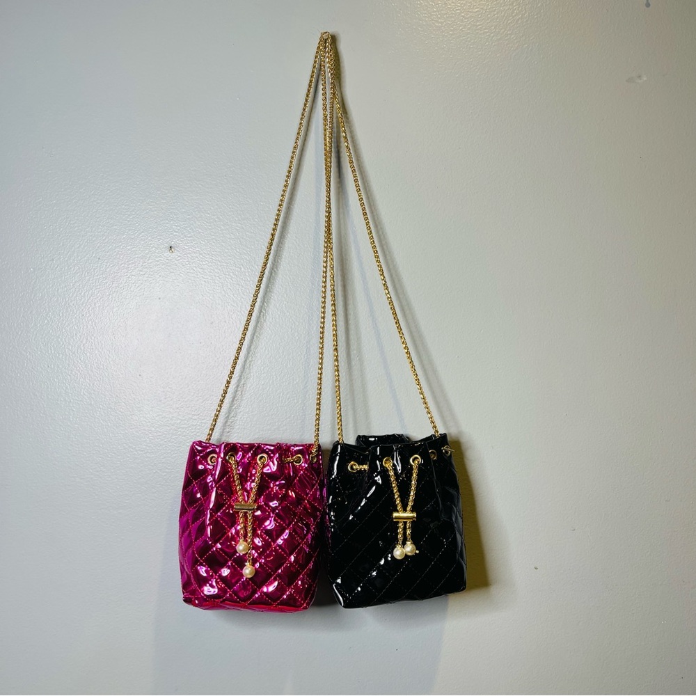 Lot Of 2 Metallic Quilted Purse Crossbody Bucket Bag Hot Pink & Black Gold Chain